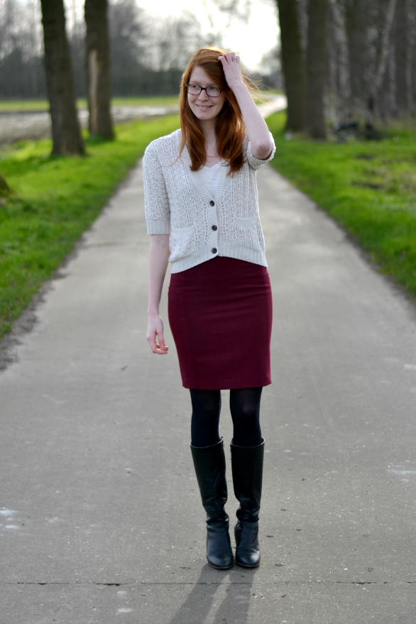 Burgundy skirt gray cardigan hotsell