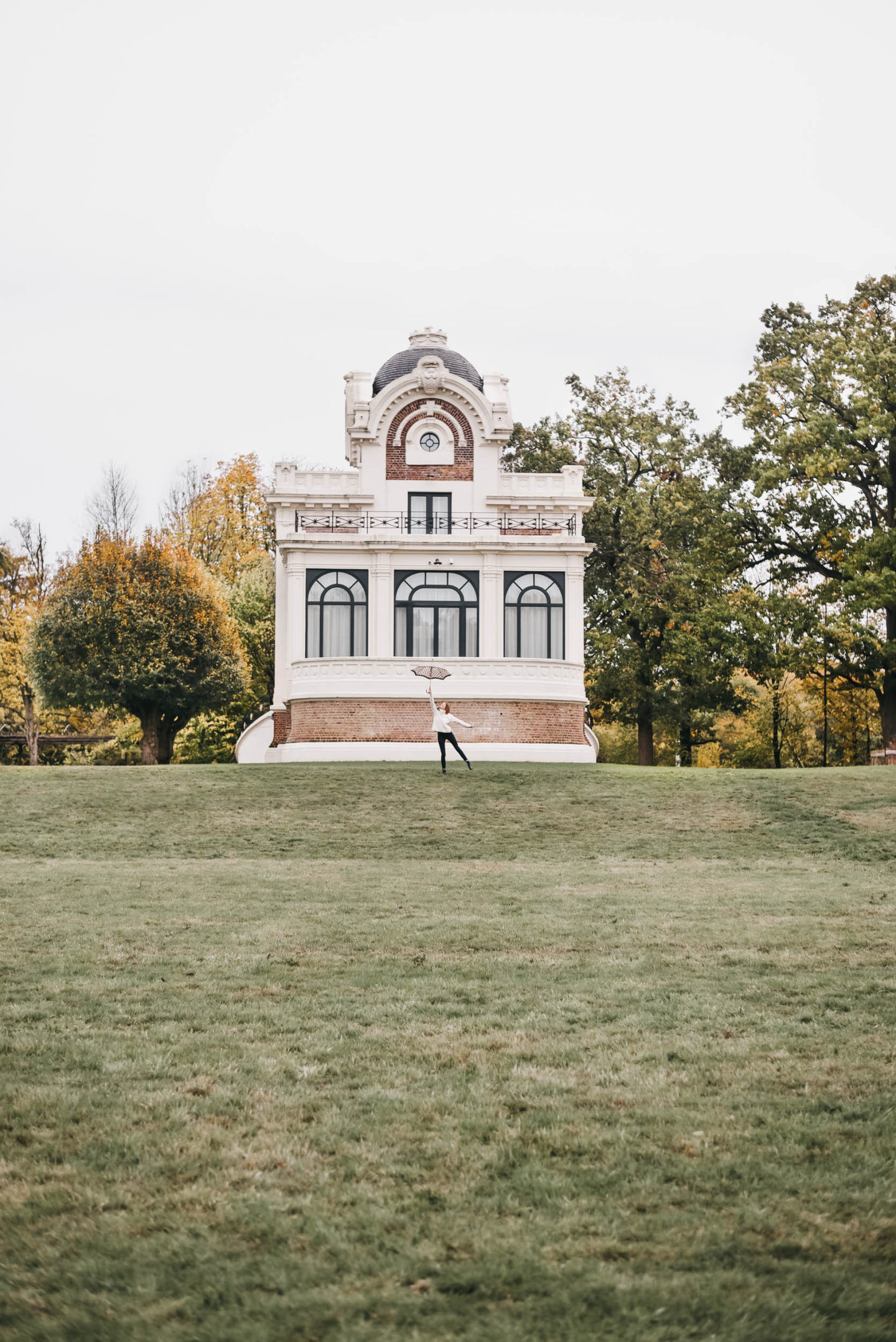 Girl in front of Royal Lodge at former Hippodrome in Sonian Forest