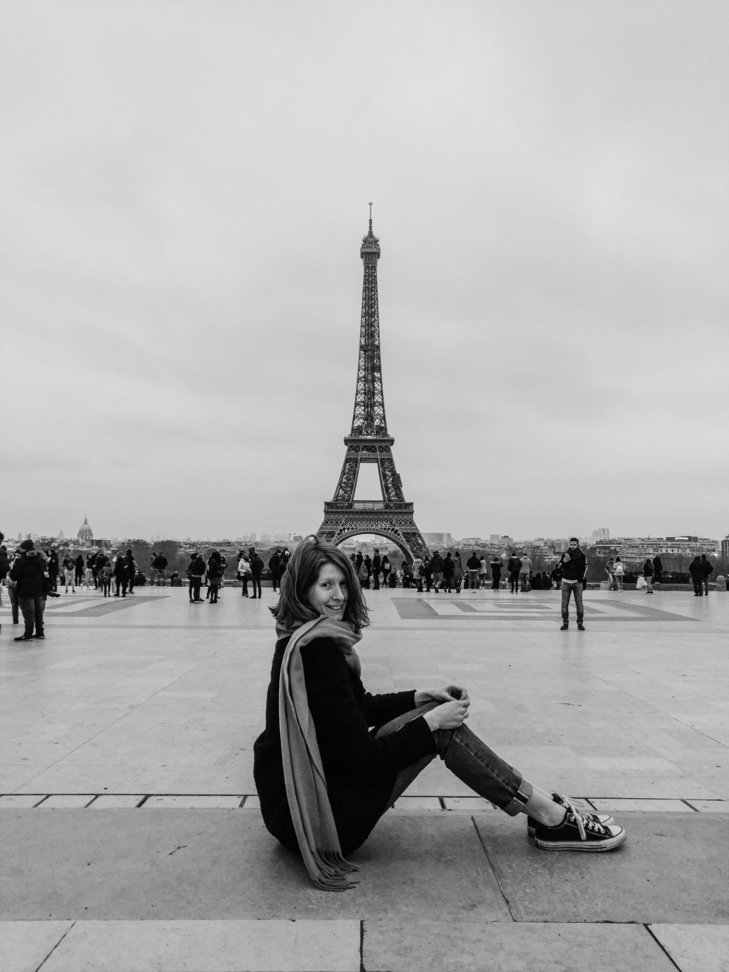 girl with eiffel tower black and white