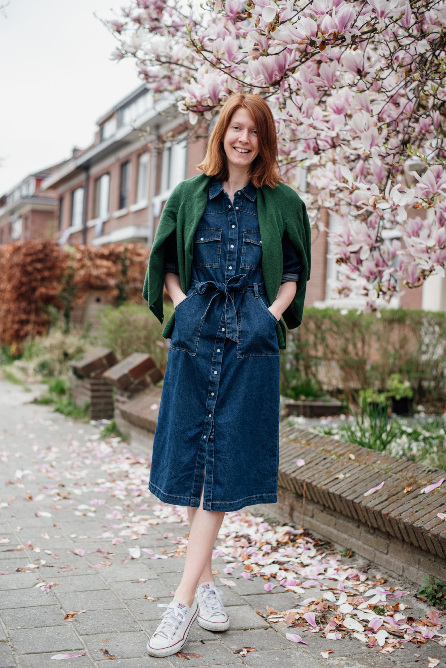 women's outfit with a blue jeans dress