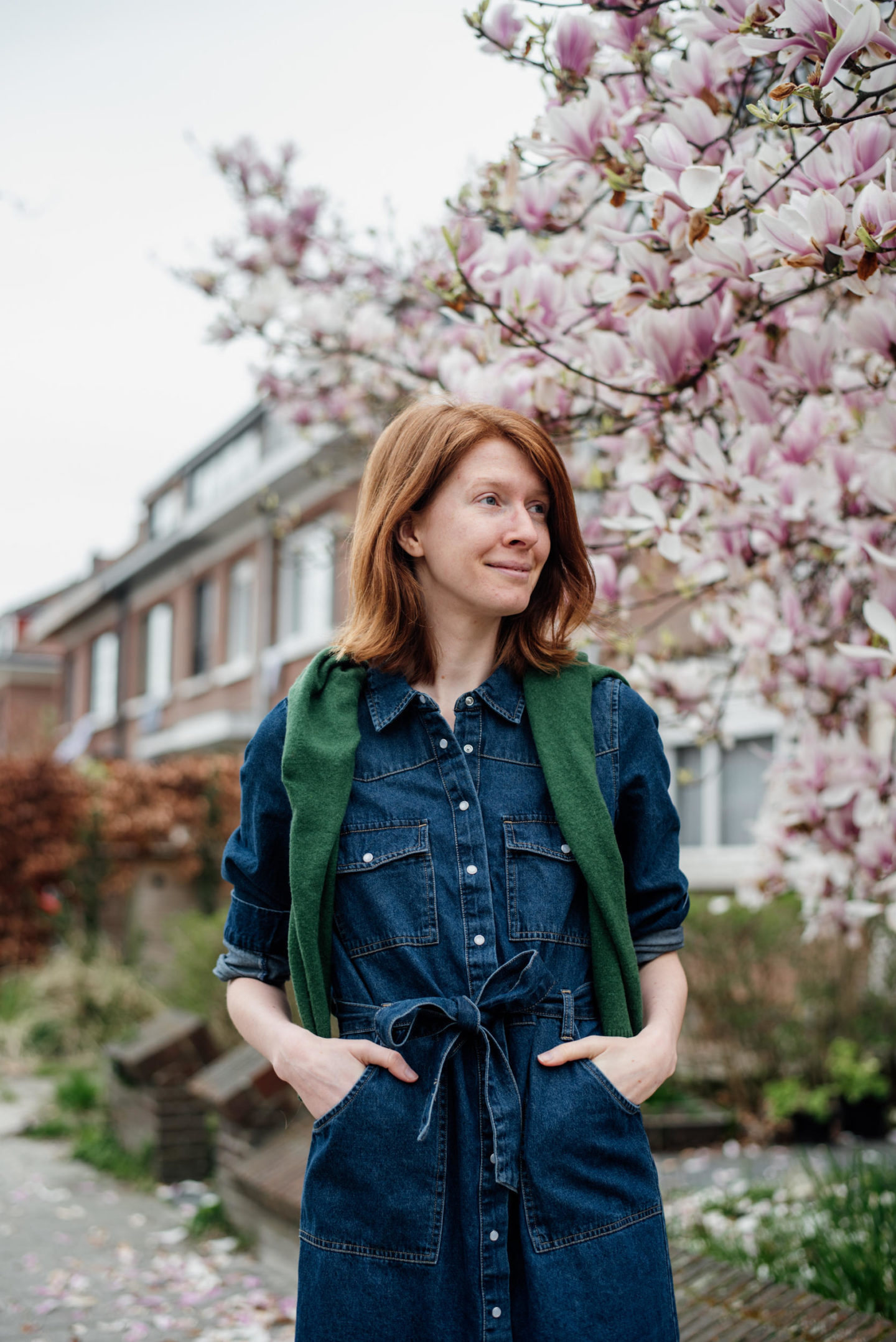 women's outfit with a blue jeans dress